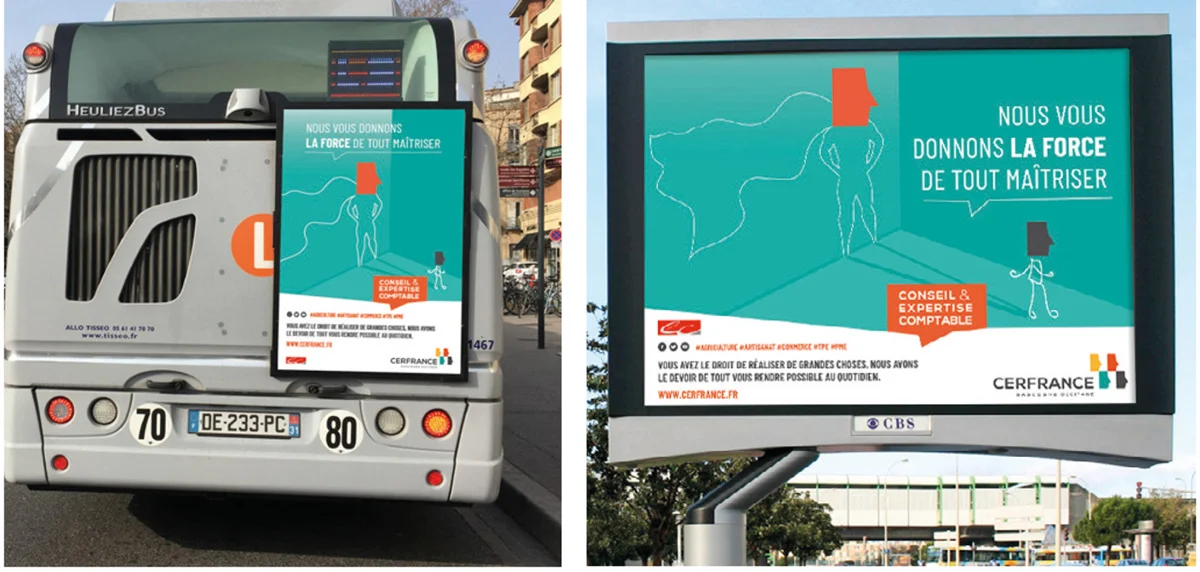 Création illustration pour une campagne affichage Cerfrance en collaboration avec L'Agence, affichage 4x3 et Q de bus