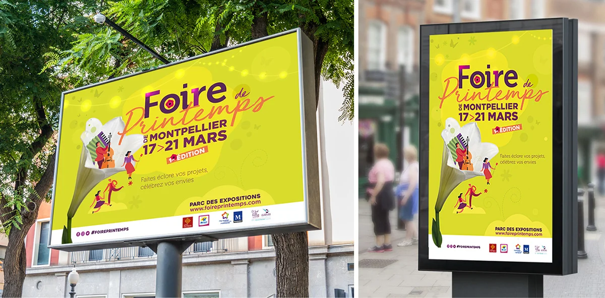 Création visuel pour la Foire de Printemps à Montpellier en réponse à une consultation, campagne affichage 4x3 et abribus, format sucette