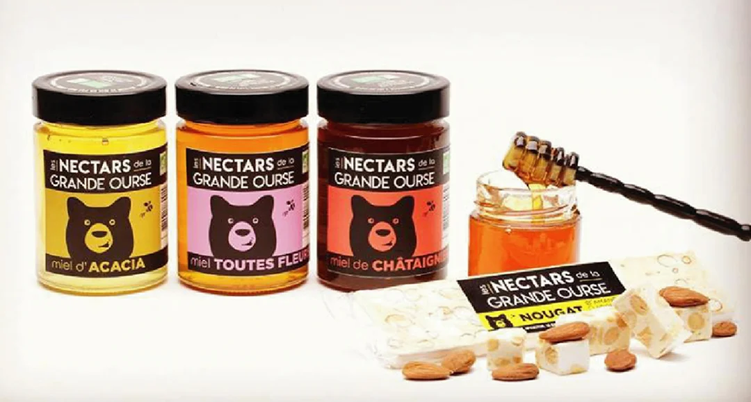 Création logo étiquette miel Bio, pour la marque Les nectars de la Grande Ourse, packaging nougat