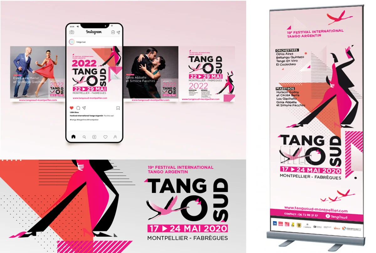 Création identité graphique pour le Festival TangoSud 2020 à Montpellier, bannière digital, posts réseaux sociaux roll-up