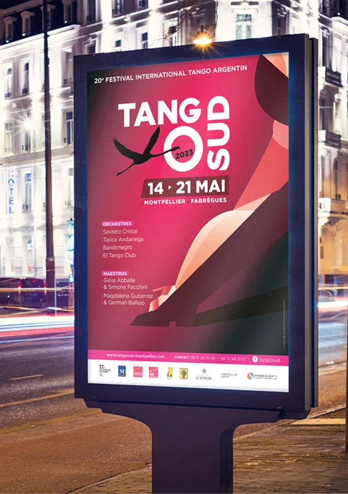 Création identité graphique pour le Festival TangoSud 2023 à Montpellier, affichage format sucette, abribus