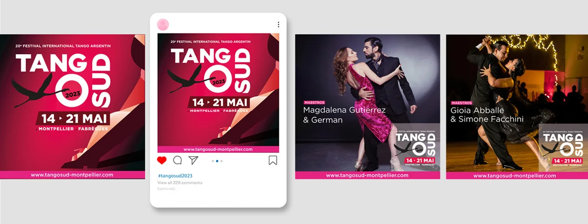 Création visuel graphique pour le Festival TangoSud 2023 à Montpellier, posts réseaux sociaux