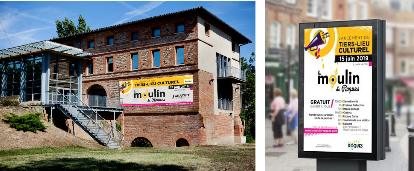 Bâche et affiche pour l'ouverture du Tiers-lieux Les moulins de Roques créée par Delphine Chevaugeon, graphiste à Toulouse