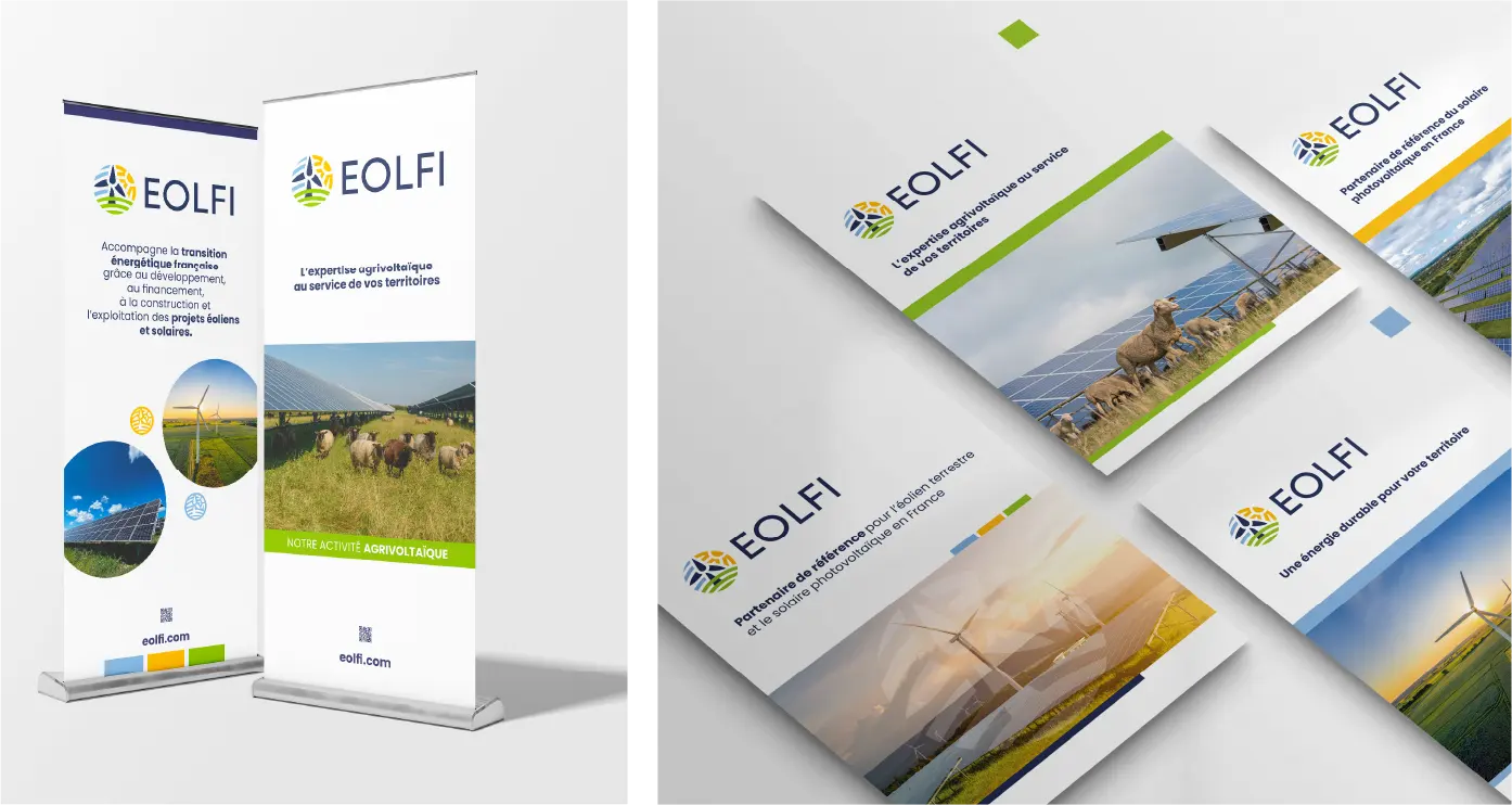 EOLFI roll-up plaquettes commerciale corporate EOLFI roll-up et 4 couvertures de plaquettes commerciale coporate