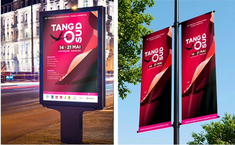 Affiche et oriflamme festival tango argentin Tangosud à Montpellier édition 2025